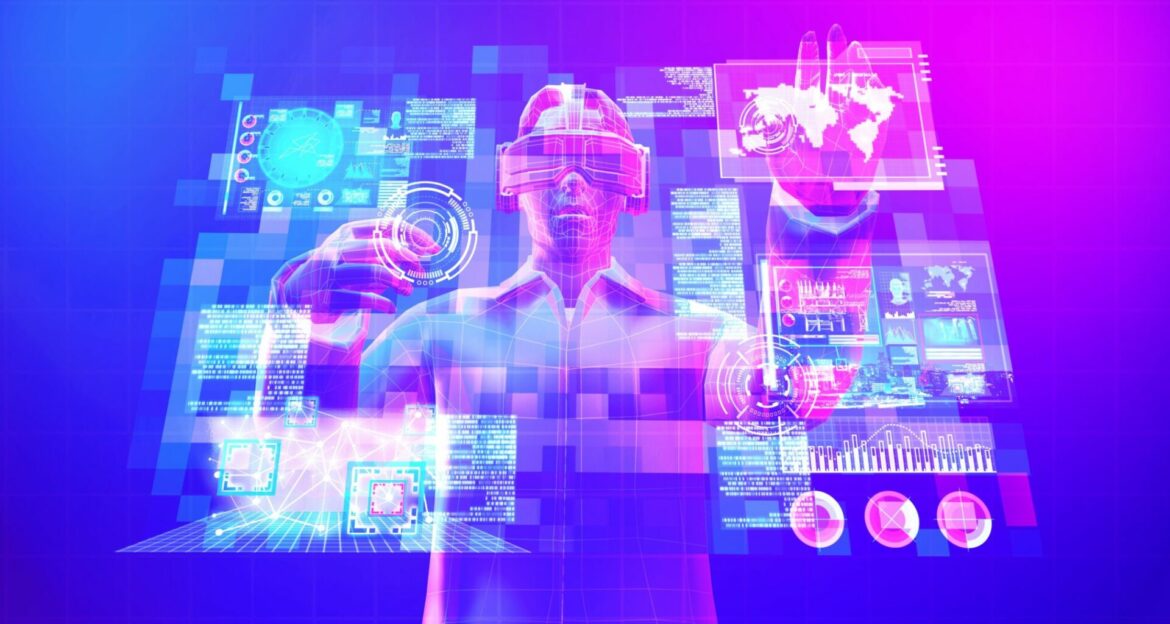 Futuristic,Man,Wear,Virtual,Reality,Goggle,Acting,Touch,Ar,Data